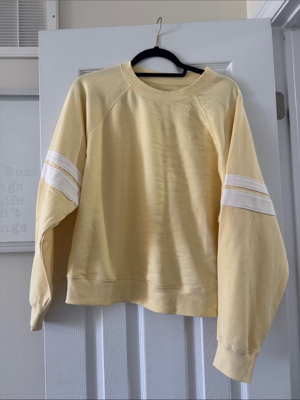 Old Navy Pale Yellow Crewneck Sweater with White Sleeve Stripes